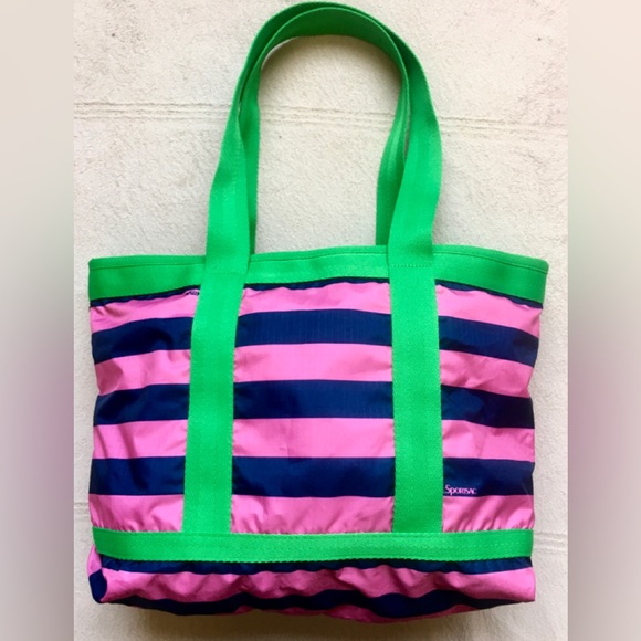LE SPORT SAC, Green & Pink Horizontal Stripes, Attached Small Make-Up Bag, NEW - Picture 2 of 11
